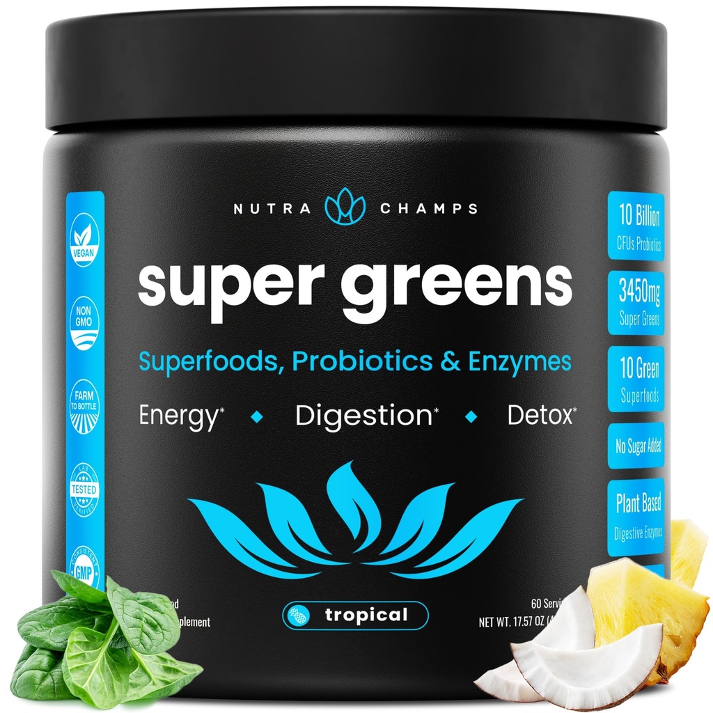 NutraChamps Super Zielonych Proszek Premium Superfood 124; 20 + Organic Green Veggie Whole Foods 124; Trawa pszenna, Spirulina, Chlorella Agregat 124; Przeciwutleniacz, Enzym spożywczy i mieszanki probiotyczne (9.1 OZ, Tropikalne)