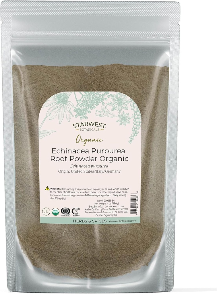 Starwest Botanicals Suszony Echinacea Purpurea Proszek korzenny organiczny - Loose Herb na herbatę, nalewki, & Naturalne mieszanki ziołowe, Czysty purpurowy Coneflower, Certified Kosher, Non-GMO - 4 oz Pouch