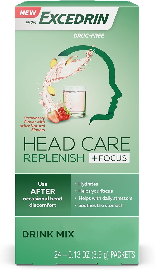 Excedrin Head Care Replenish Plus Focus from Excedrin Drink Mix with Electrolytes, L- Theanine, Ginger and Cafeline for Head Health Support - 24 pakiety