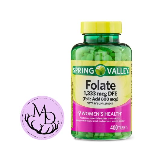 Generic Spring Valley Folate 1,333 mcg DFE, kwas foliowy 800 mcg, 400 tabletek - Suplement diety, Women 's Health Boost, Metabolic & Heart Support - Zestaw z + Sticker Dri Store
