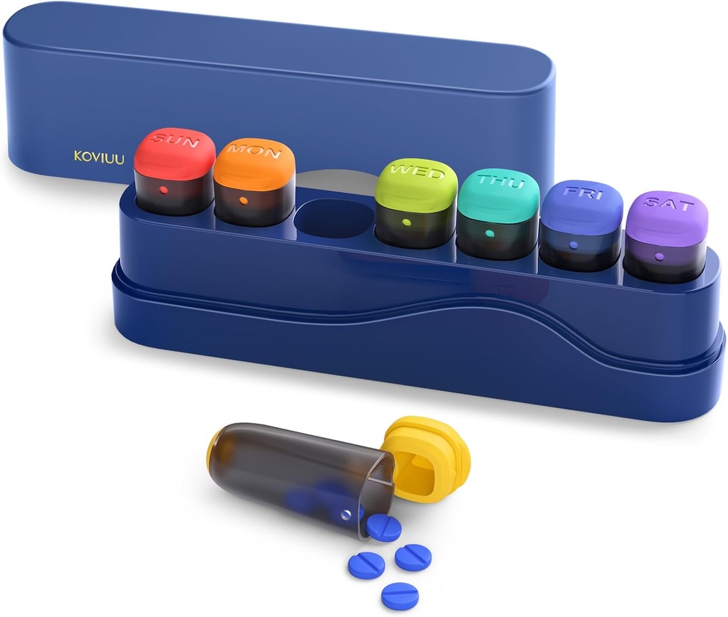 Cotygodniowy Pill Organizator 1 Czas w dniu, KOVIUU Usuwalne Pill Box 7 dni, Przenośny Pill Travel Case, Raz dziennie kontener na leki, Tydzień Pillbox Dispenser do suplementu witaminy, niebieski