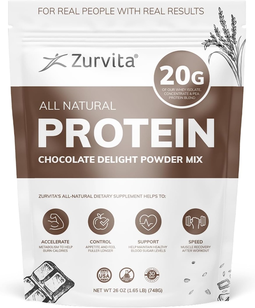 Zurvita - Czekoladowy proszek z białka - 20 g białka, probiotyki, 24 + witaminy i minerały - Nie ma sztucznych słodzików - 26oz (20 Sług)