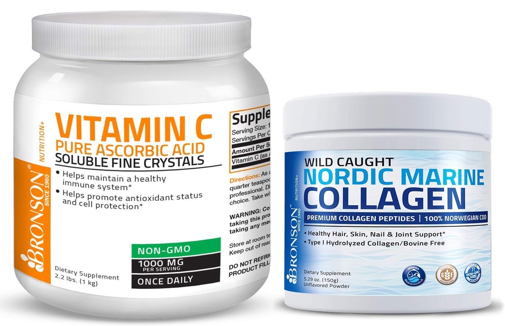Bronson Marine Collagen Peptydy Zhydrolizowane Białko Proszek 100% Dzikie Caught Nordic Cod Witamina C Proszek Czysty kwas askorbinowy Rozpuszczalny Fine Nie GMO Kryształy