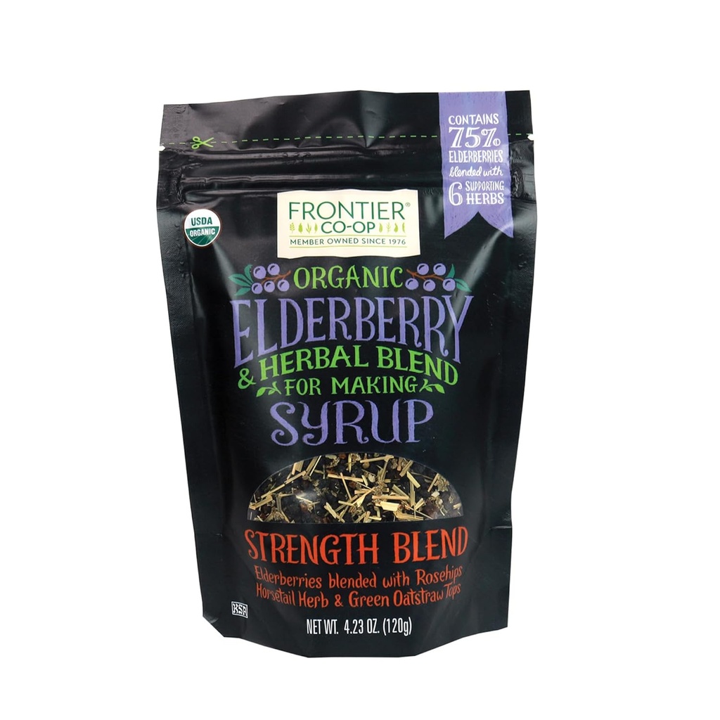 Frontier Co- op Organic Elderberry, 4.23 Ounce Bag Xi124; Suszone Elderberry do przygotowywania syropu Xivy124; Kosher Xivy124; Perfect for Tea and Herbal blends