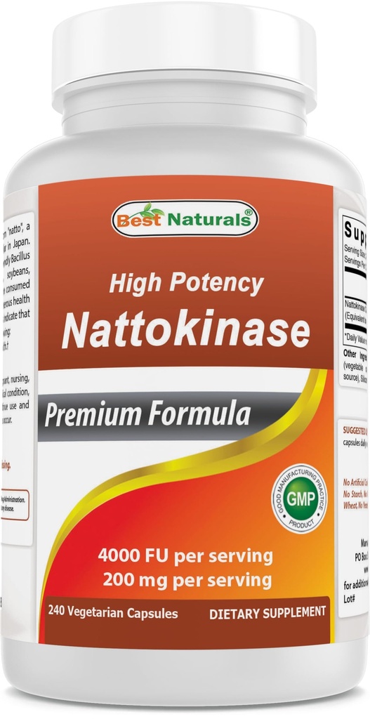 Najlepsze Naturals High Potency Nattokinase 4000 FU Per Serving / 200 mg per Serving, 240 Kapsułki wegetariańskie. Nie-GMO, Gluten Free.