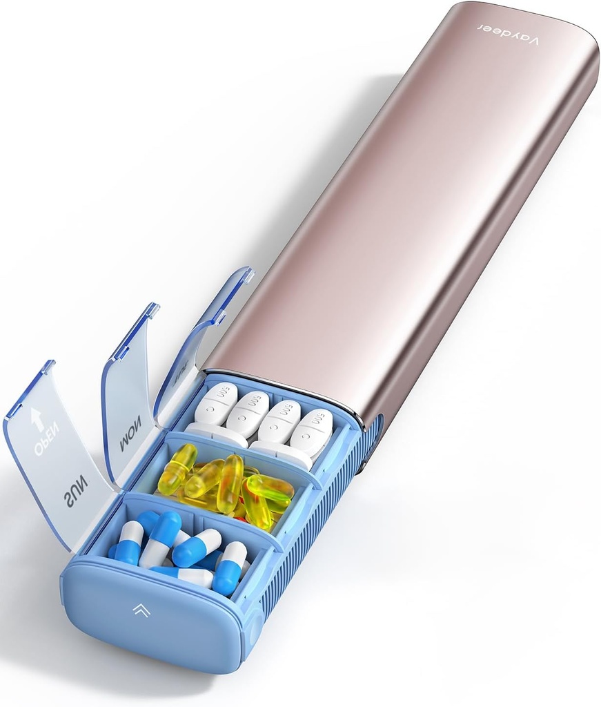 Vayjen 7 dni w tygodniu Pill Organizator, Metal Travel Pill Case, Duża pojemność codziennie Cute Pill Box na suplementy, Pigułki, Witaminy i lekarstwa (Rose Gold)
