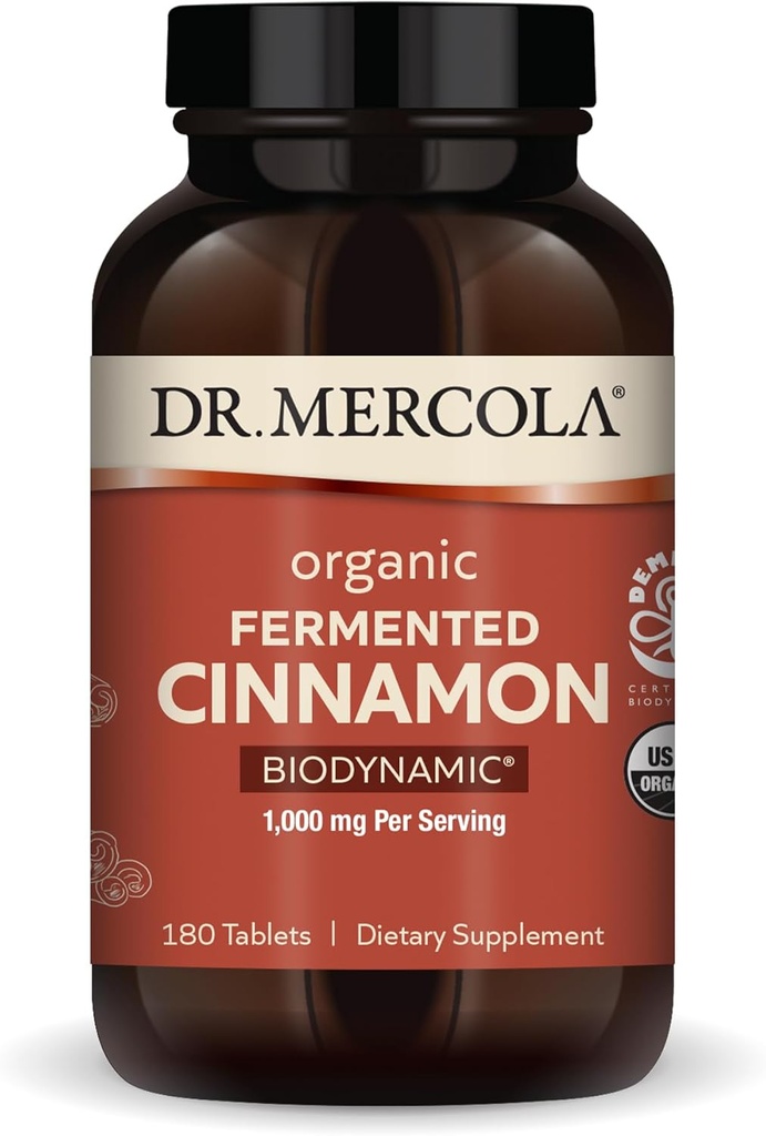 Dr. Mercola Biodynamiczny organiczny fermentowany cynamon - Wspiera zdrowie metaboliczne - Wysokoflawonoidowy cynamon ekstrakt - USDA Organic, Non-GMO, Gluten- Free & Soy- 180 Tablets