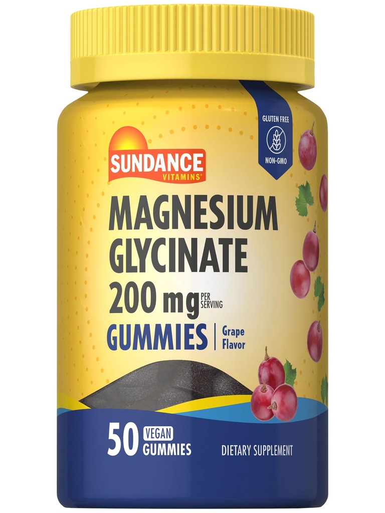 Sundance Magnezu Glycinate Gummies XI124; 200mg XI124; 50 Count XI124; Grape Flavor XI124; Vegan, Non-GMO, and gluten Free Supplement