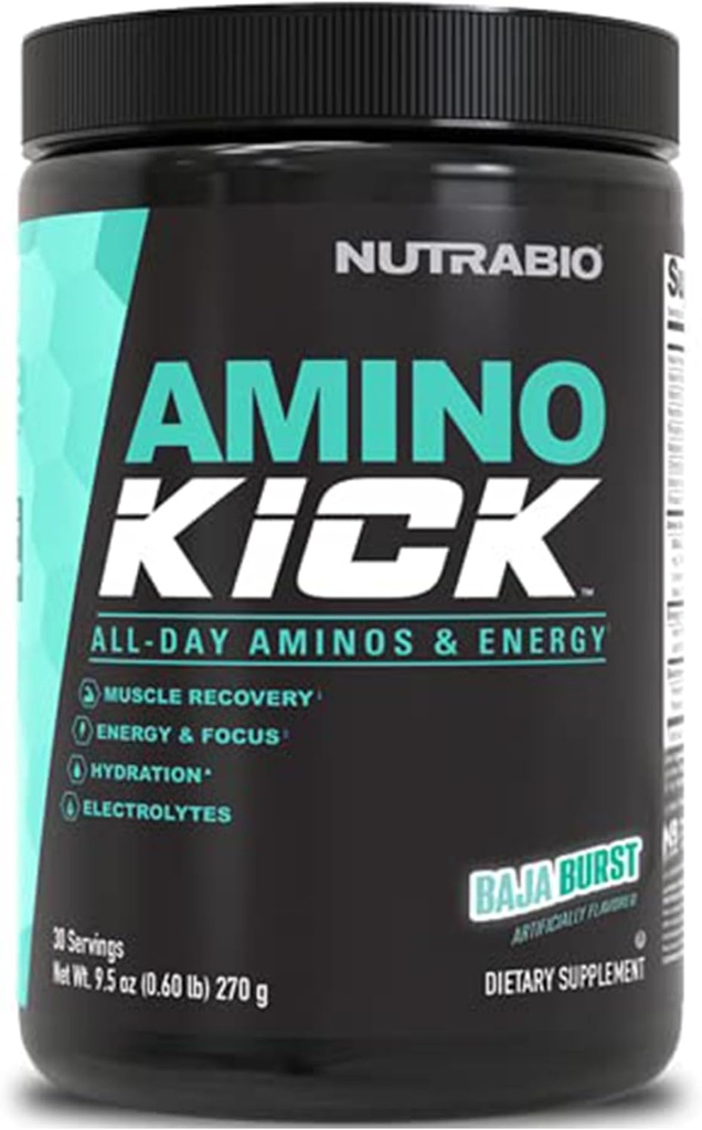 NutraBio Amino Kick - BCAA Proszek z naturalną kofeiną - Amino Acids Supplement for Energy, Hydration & Recovery - BCAA, Electrolytes & Amino Acids - Baja Burst, 30 Servings