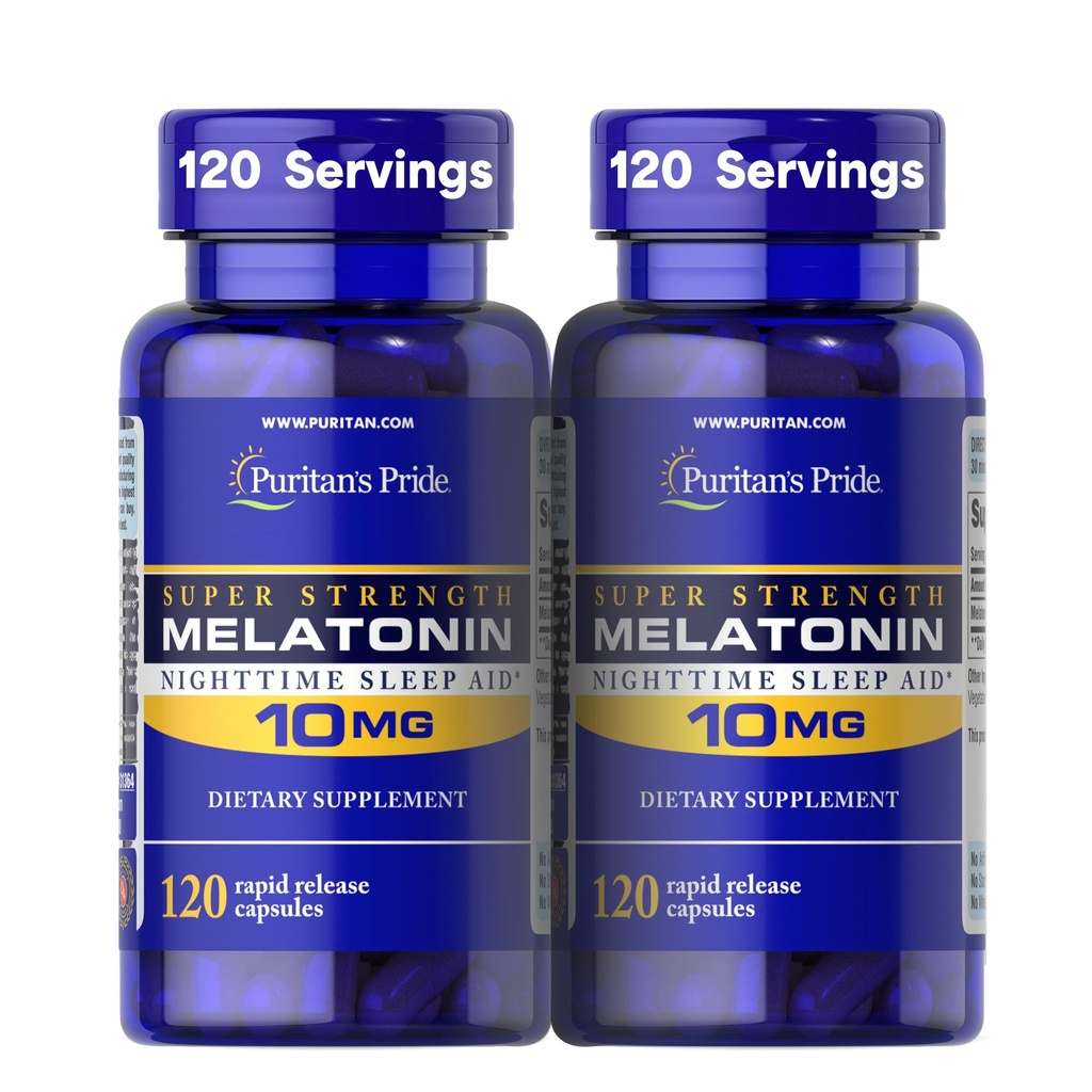 Puritan Pride Premium Super Siła Melatonina 10 mg Sleep Aid, Suplement diety dla dźwięku, Resteful, & Dłuższe wsparcie snu, 4 Supply Miesiąc, 120 Kapsułki szybkiego wydania, 2 Packaging May Vary)