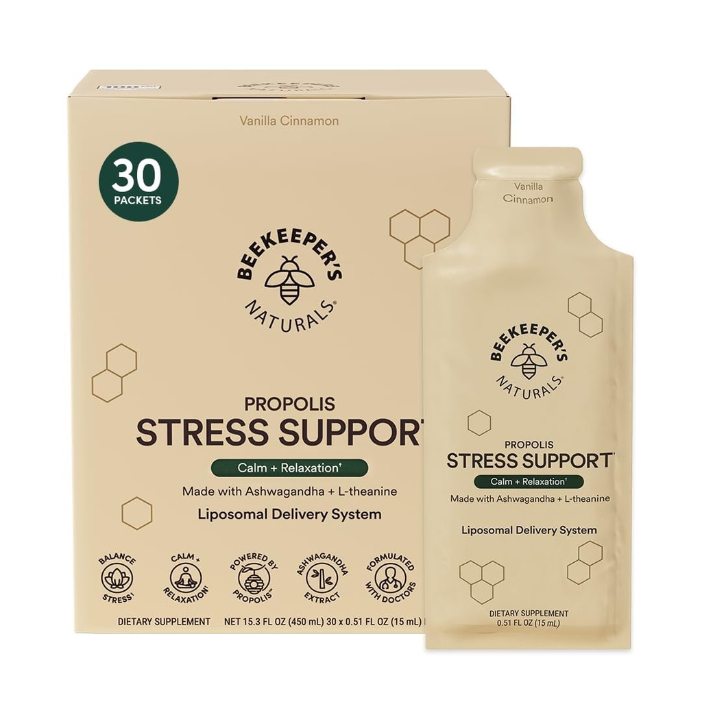 Ashwagandha Liposomal Stress Support by Beekeeper 's Naturals, 600mg with Propolis, L- Theanine, Anti- Stress Support for Calm & Relaxation, 30ct