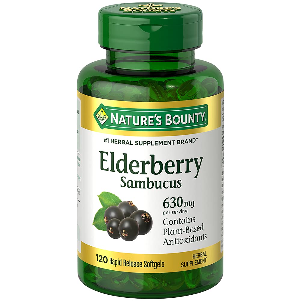 Nature 's Bounty Sambucus Elderberry Herbal Supplement, Softgels szybkiego uwalniania, 630 mg na serwowanie, 120 Count