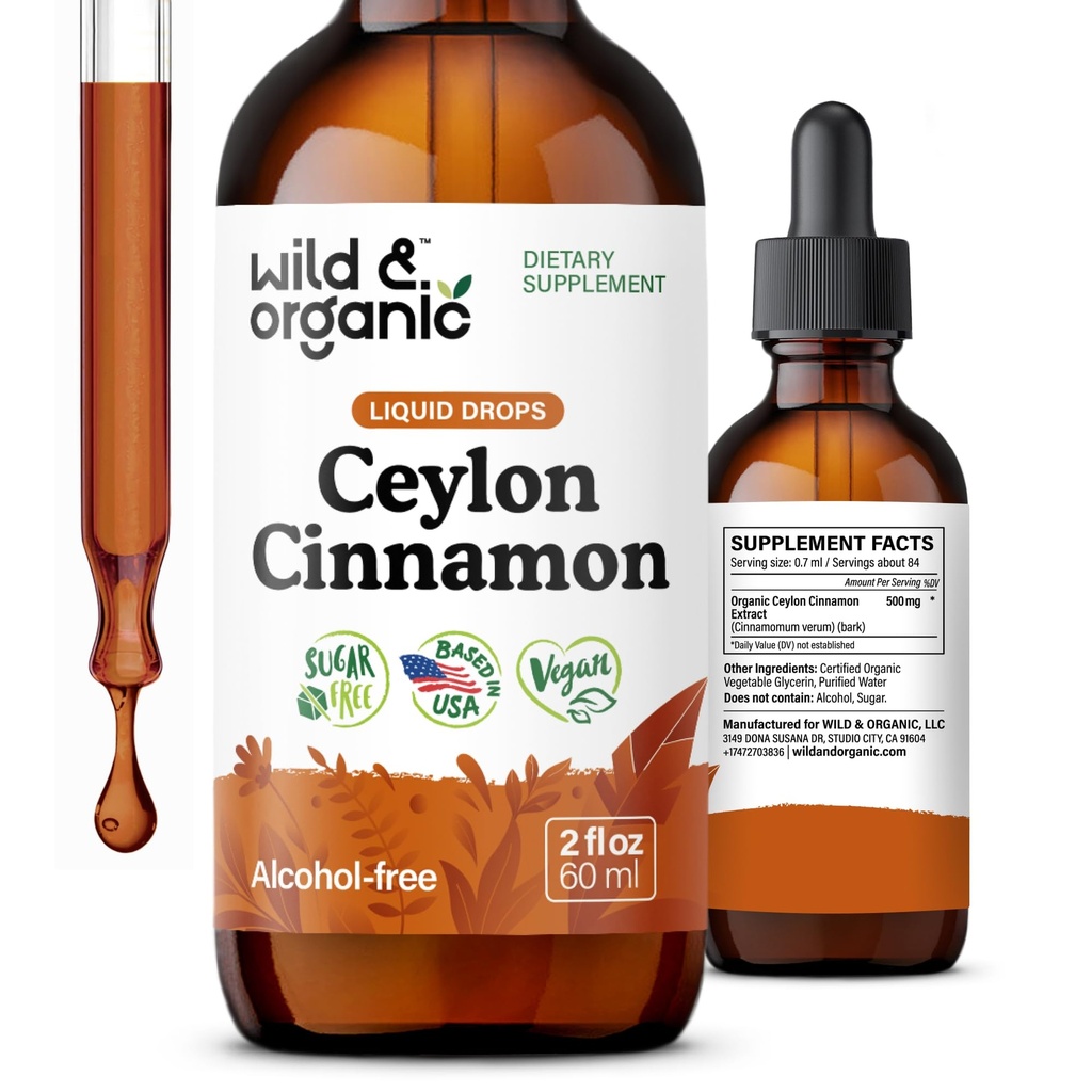 Wild & Organic Ceylon Cynamon Extract Liquid Drops 500mg - Liquid Cynamon Supplements for Total Support - Cinnamomum Verum Bark Tincture - Vegan, Sugar & Alcohol- Free, Non-GMO - 2 fl oz