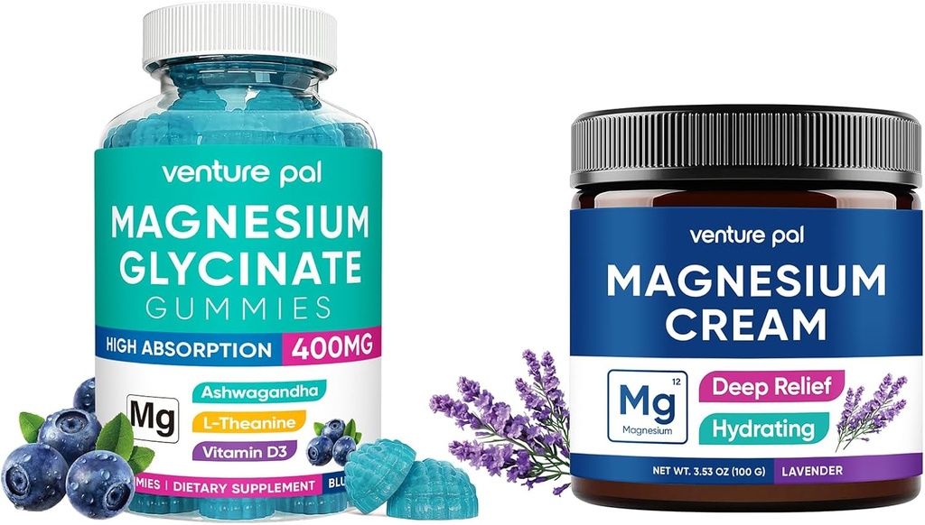 Magnezu Gummeje glicynian z Ashwagandha, krem magnezowy - sen, skurcze mięśni i relaks
