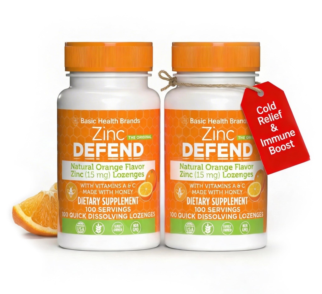 Basic Brands - Orange Defend cynku - 100 Lozenges - Natural Orange Flavor Zinc- Lozenges - Immune Boost, Cold Relief, Non-GMO, Cynk acetate & witamina C - 2- Pack