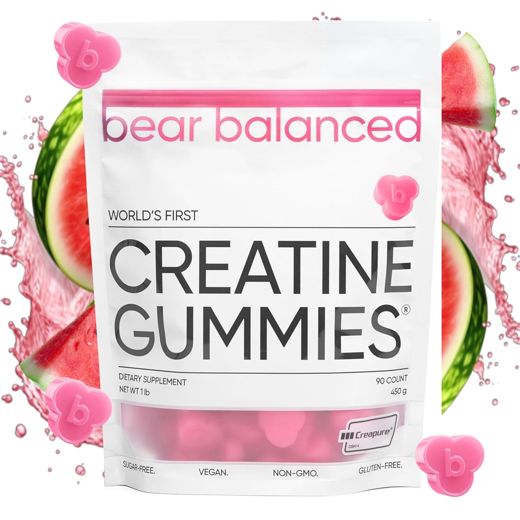 Bear Balanced Gummies dla mężczyzn i kobiet - Krepura ® Monohydrat kreatury, L- Theanine, L- Tyrozyna & B12 dla wzrostu mięśni, Siła, Skup, Energia & Zdrowie - Niskie Calorie, Cukier wolny, & Wegan