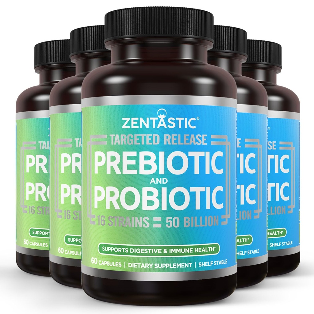 Zentastic Probiotics & Prebiotics Supplement - 50 Billion CFU - for Men & Women 's Immune & Digestive Health - 16 Strains - Shelf Stable - 300 Opóźnione uwolnienie kapsułki Veggie