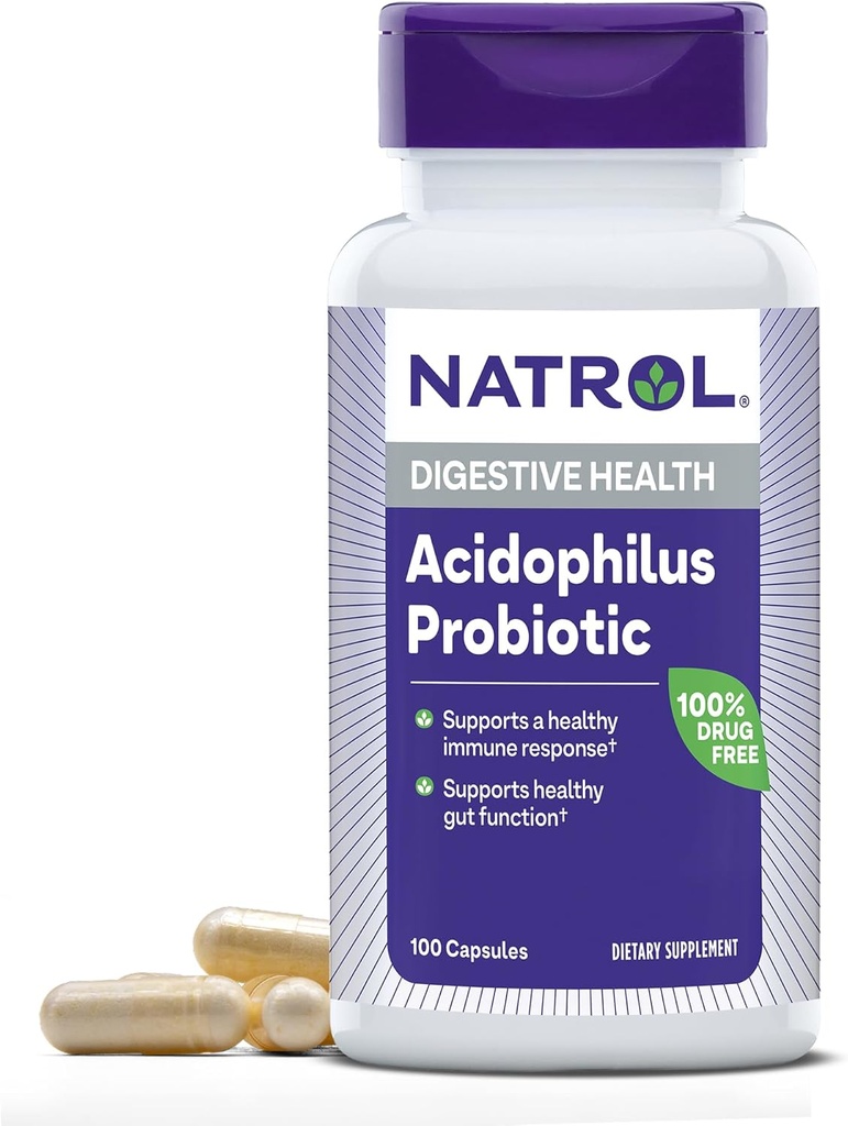 Natrol Acidophilus Probiotic 100 mg, Suplement diety dla zdrowej funkcji Gut, Digestive Health kapsułki dla dorosłych, 100 kapsułek, Aż do 33 Day Supply