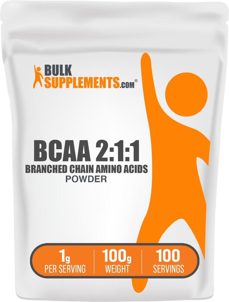 BulkSupplements.com BCAA 2: 1: 1 Proszek - Acidy rozgałęzione łańcuchowe, Acidy BCAA Amino Powder - Unflavored & Gluten Free, 1g per Serving, 100g (3.5 oz) (Opakowanie po 1)