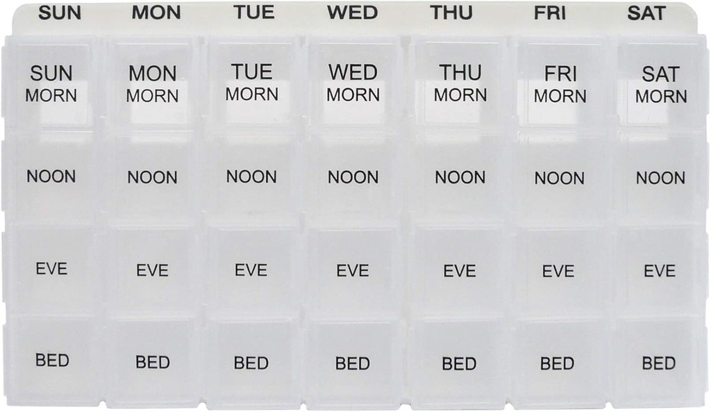 ProMed Weekly 4 Times Daily 7 dzień Pill Organizer for Medication, Vitamin & Supplements Budapeszt 124; Ergonomiczny pill Case z usuwalnymi przezroczystymi składnikami 124; BPA- Free & Medical- Grade Plastic