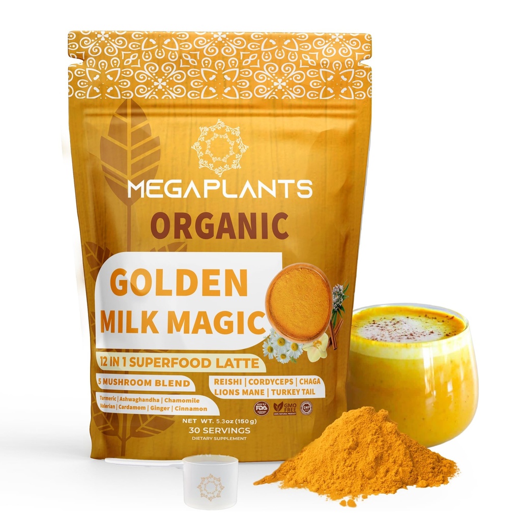 Golden Milk Magic (50 Sług) 124; Superfood 5 Mieszanka grzybów na sen, Relaks, Ulga 124; Turmeric, Ashwaghanda, Valerian, Rumianek + 5 Mieszanka grzybów 124; Smoothie, Hot Beverage