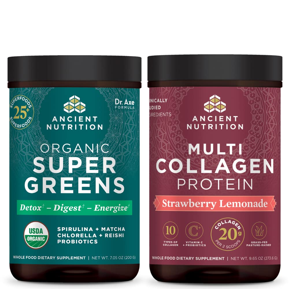 Ancient Nutrition Organic Supergreens Proszek, Zielony aromat, 25 Słupki + Multi Collagen Protein Proszek, Lemoniada truskawkowa, 24 Słupki