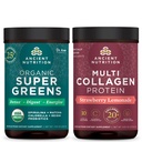 Ancient Nutrition Organic Supergreens Proszek, Zielony aromat, 25 Słupki + Multi Collagen Protein Proszek, Lemoniada truskawkowa, 24 Słupki