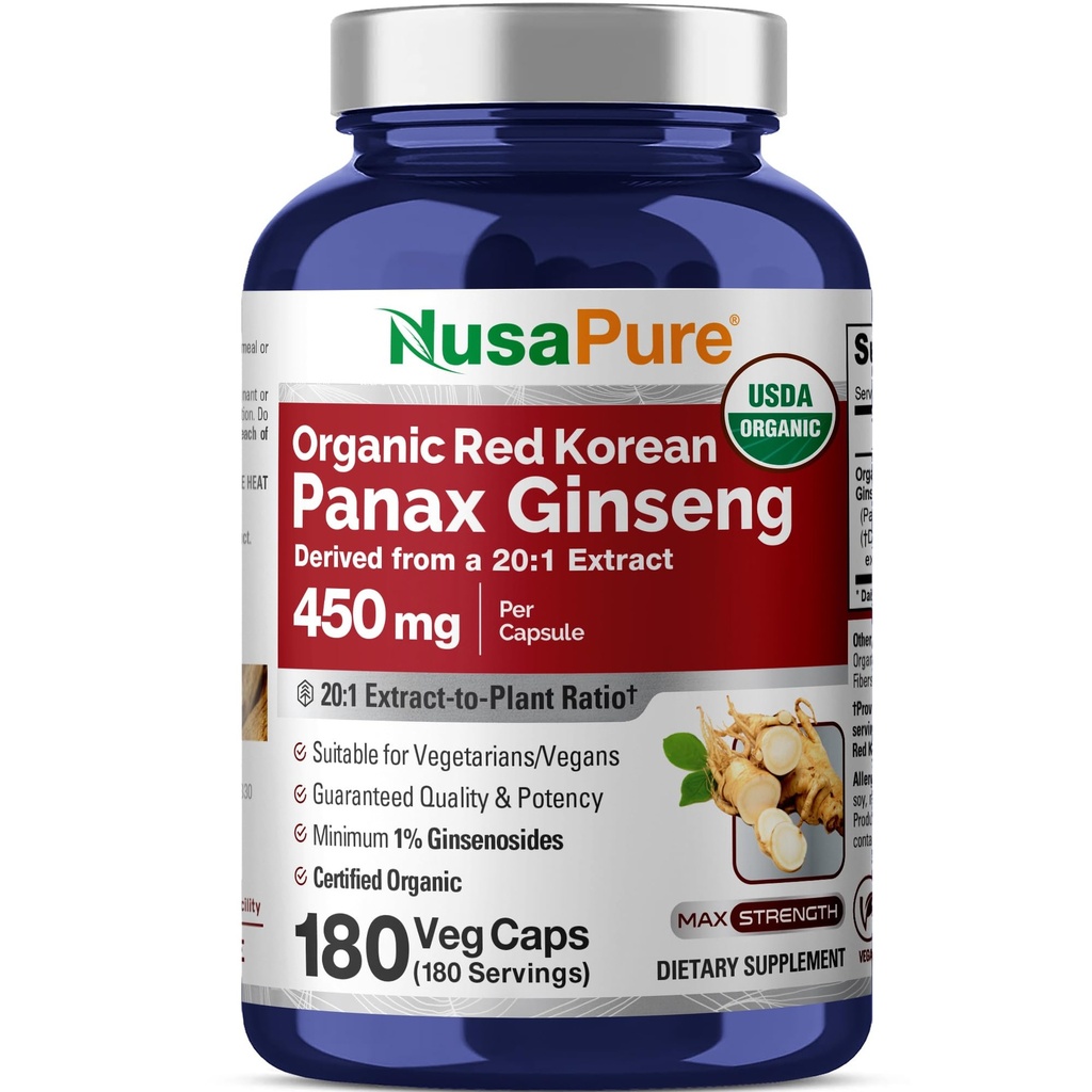 NusaPure Red Korean Panax Ginseng 20: 1 Extract, 450 mg Equivalent to 9000 mg 180 Veggie Caps (USDA Organic, Non-GMO, Vegan, Vegetarian, Bioperine)