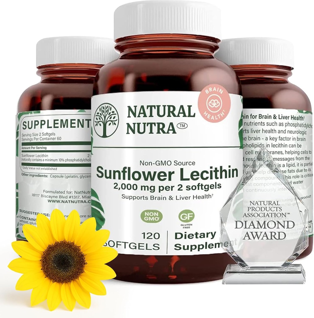 Natural Nutra Lecithina Sunflower 2000 mg Suplement, Wspiera Mama karmienia piersią z plugged Milk Duct Relief, Liver & Brain Health Booster, Soy Free, Non-GMO, Gluten- Free, 120 Softgels (3 Pack)