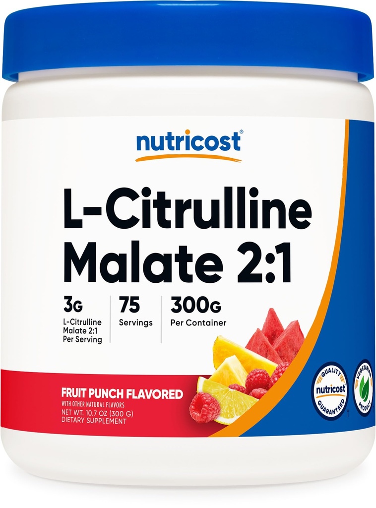 Nutricost L- Citrulline Malate 2: 1 (300 g) Fruit Punch - Wsparcie treningu, Wydajność mięśni, Azoksyd azotowy Booster - Suplement Fitness Proszek, 75 Służenia