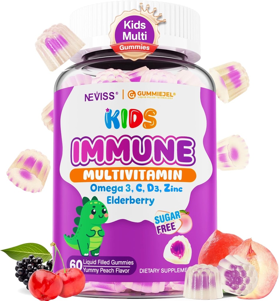 Dzieci Multivitamin + Gummie wsparcia immunologicznego, Witamina C D3 & Cynk, Omega-3, A, E, Elderberry, Dzieci Gummeje witaminy dla zdrowego rozwoju, Immunitet, Wzrost kości i zdrowie oczu, Cukier wolny, 60 Cts