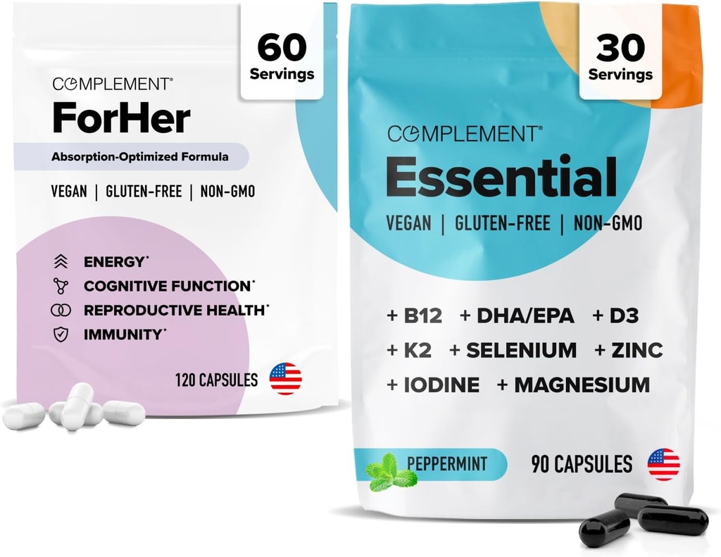 Komplement dla Her & Essential Wegan Multivitamin Bundle - 30- Day Women 's Wellness Support z Omega 3, B12, D3, Żelazko, Folate & More - Energia, Immunitet i Równowaga Hormonalna