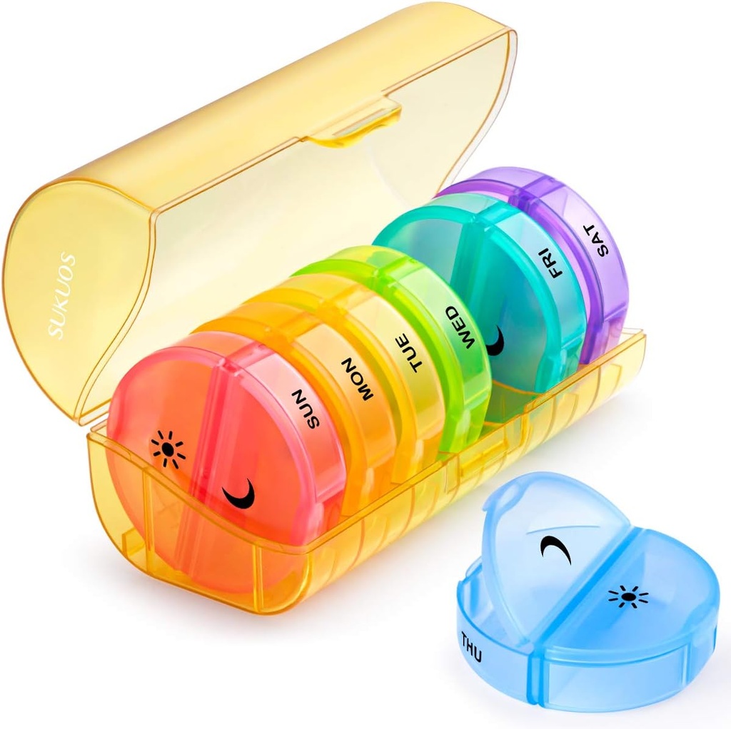 Sukuos Duży Weekly Pill Organizator 2 razy dziennie, Codzienne Pill Box 7 Dzień Łatwy do otwarcia z podwójną ochroną, AM PM Pill Case for Medicine / Witamina / Olej rybny / Suplementy (żółty)