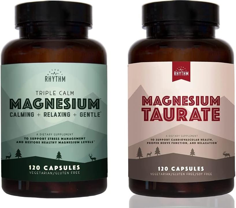 Naturalny Rhythm Day & Night Bundle - Triple Calm Magnezu 150mg, 120 Kapsułek + Taurat magnezu 750mg (150mg Magnezu pierwiastkowego) 120 Kapsułki