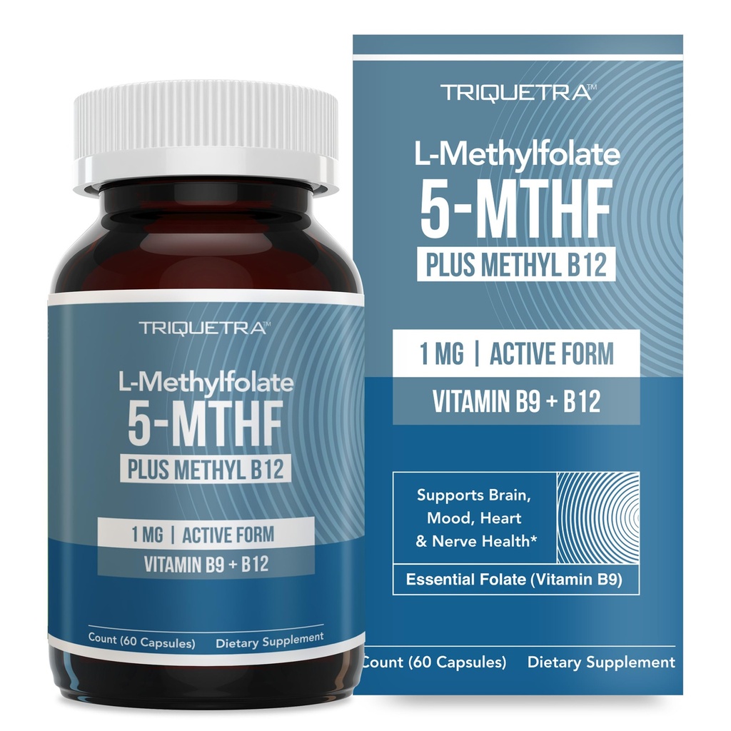 L Folate metylowy 1000 mcg plus Metyl B12 Cofactor - Active 5- MTHF Form - Supports Mood, Methylation, Cognition - Highly Bioavailable Bioactive Forms of witaminy B9 & B12 (60 kapsułki - 60 Servings)