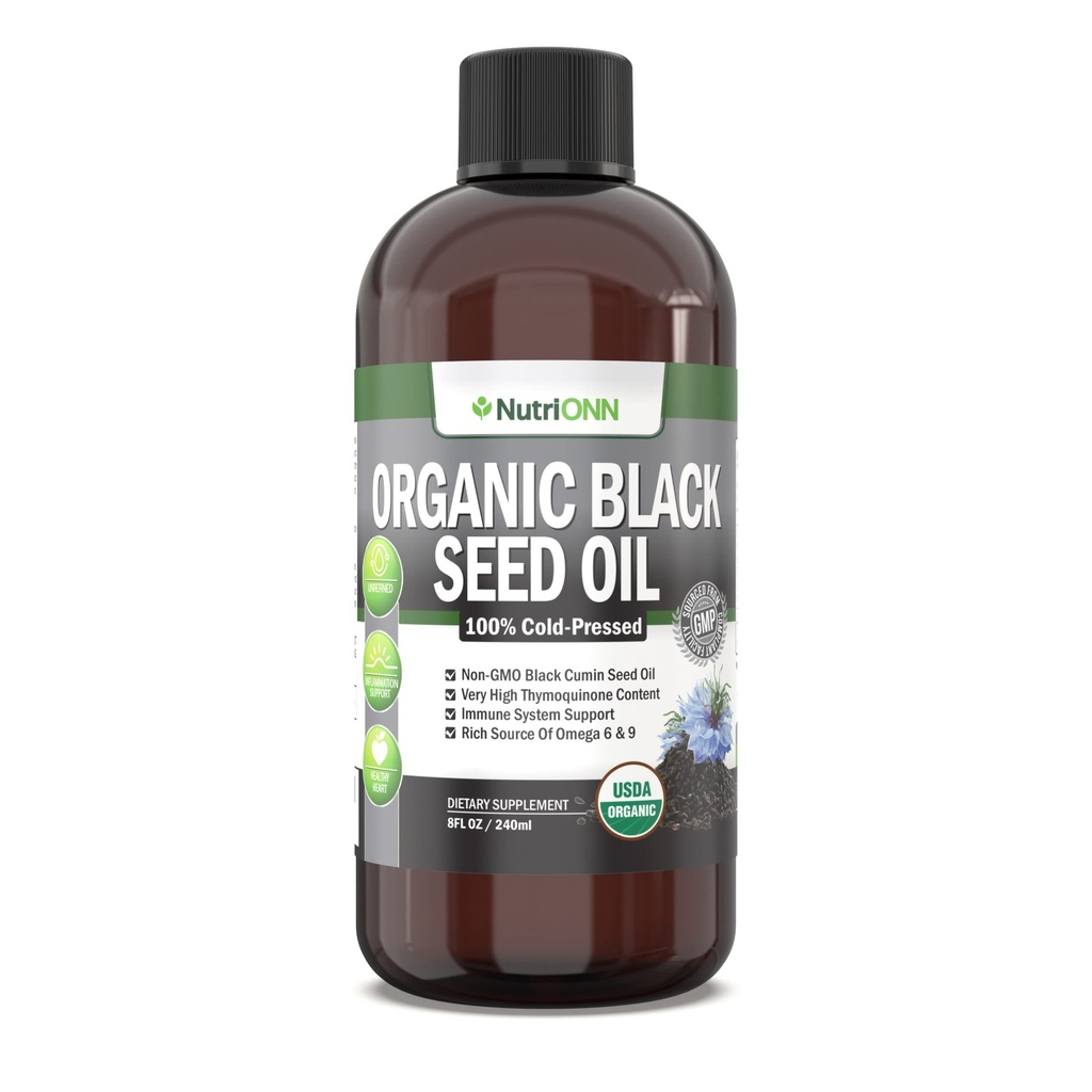 Organic Black Seed Oil - USDA Certified Organic Black Cumin Seed Oil Liquid - Wysoka zawartość Thymochinonu - Nie-GMO i Cold- Pressed - Bogate źródło Omega- 6 i Omega- 9 Kwasy tłuszczowe - 8 Oz