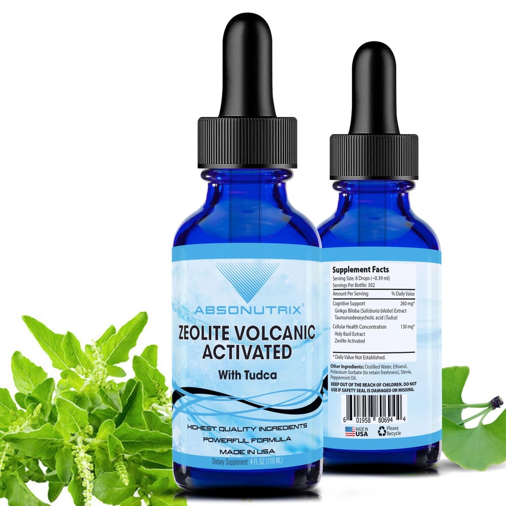 Absonutrix Zeolite Volcanic Activated z Tudca Advanced Formula 390 mg, 4 Oz Liquid, 302 Servings, Made in USA, Szybka absorpcja, Non-GMO, GMP Certified Facility, Cruelty- Free Products
