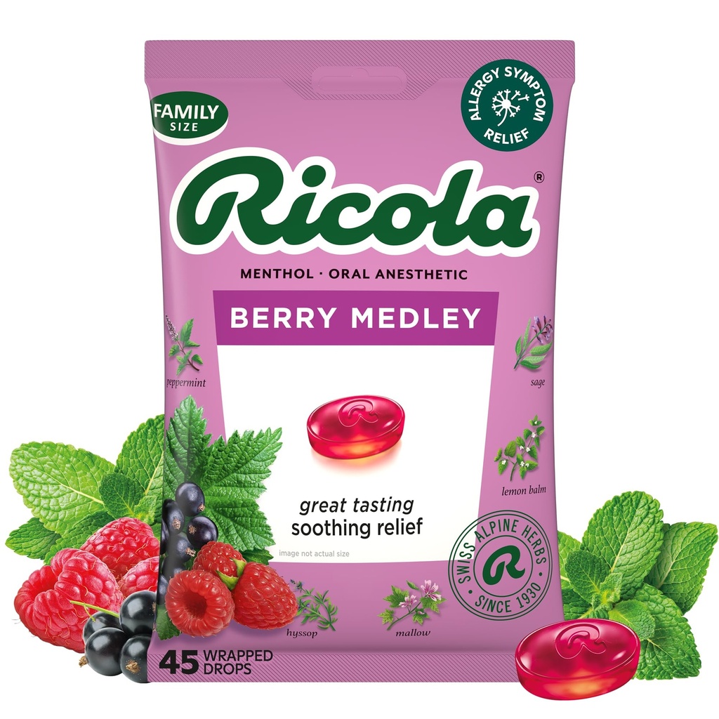 Ricola Berry Medley Gardło Drops, 45 Hrabia, Pyszne Gardło Relief & Pielęgnacja, Anoralny, Naturalnie Smakowane