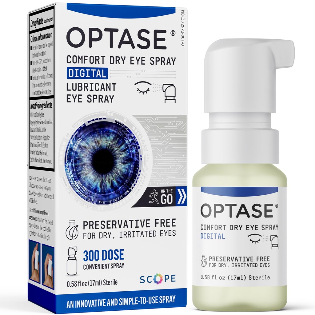 Optase Comfort Suchy spray do oczu - Preservative Free Tears Drops Alternative - Suchy krople do oczu w wygodnym spray - Butelka wielokrotnego użytku, Soczewki kontaktowe Safe - .58 fl oz