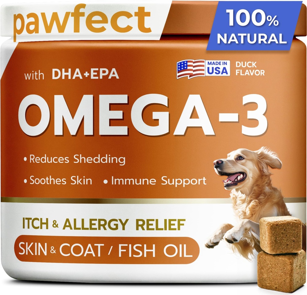 PAWFECTCHEW Fish Oil Omega 3 for Dogs - Ulga alergiczna - Joint Health - Itch Relief, Shedding - Skin and Coat Supplement - Alaskan Salmon Oil Chews - Omega 3 6 9 - EPA & DHA Fatty Acids