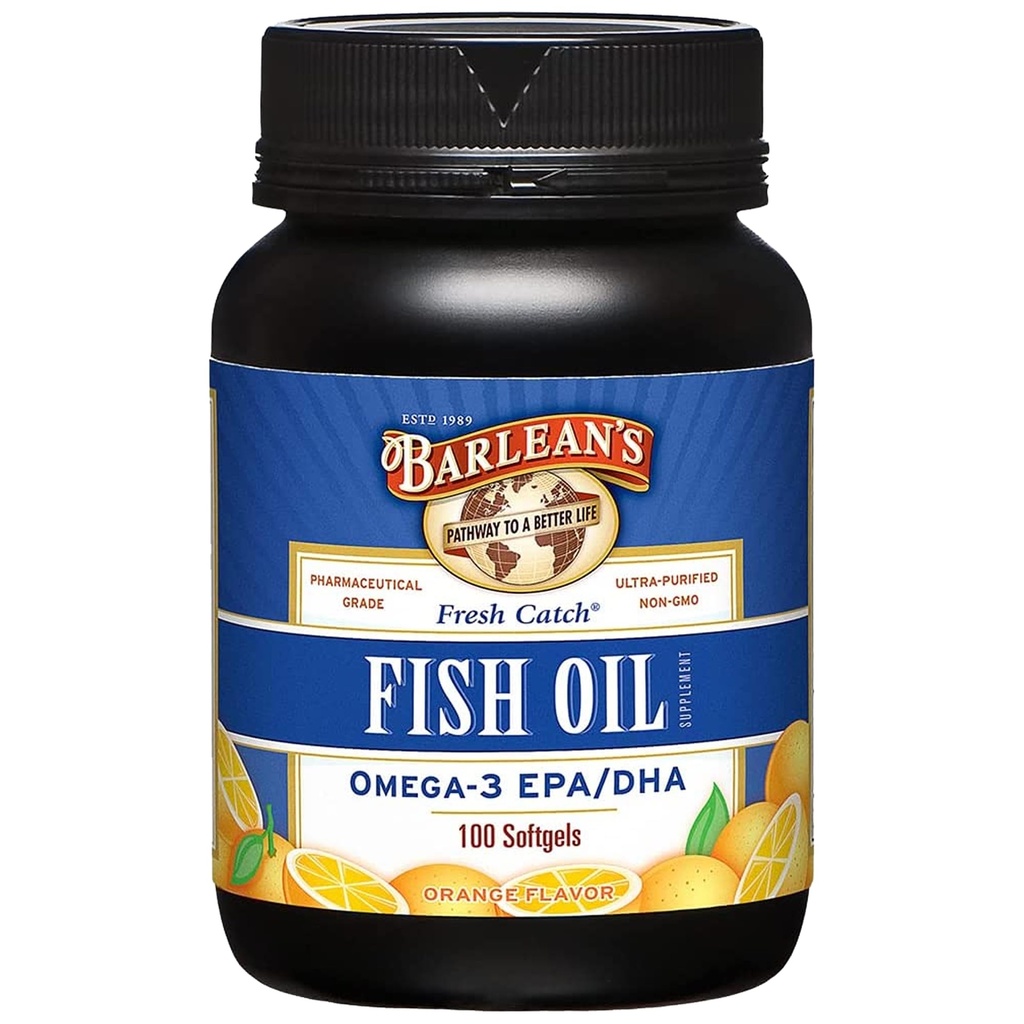 Barlean Omega 3 Suplementy oleju rybnego, Suplement Softgels dla mężczyzn i kobiet, 600mg EPA i DHA Kwasy tłuszczowe, Orange Flavored, 100 Hrabia