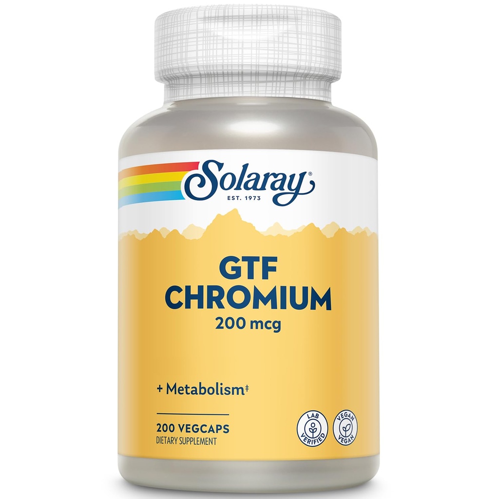 Solaray GTF Chromium 200mcg - Pure Chromium GTF 200 mcg Supplement, Wspomaga funkcje metaboliczne i zdrowie całego ciała dla mężczyzn i kobiet - 200 Kapsułek wegańskich