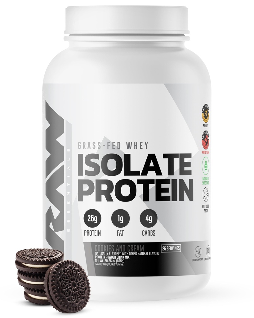 RAW Serwatka Izolacja proszku protein, Cookies N krem - 100% Grass- Fed Sports Nutrition Protein Powder for Muscle Growth & Recovery - Niskie - Tłuszcz, Niskie węglowodory, naturalnie smakowane i słodzone - 25 Słupki