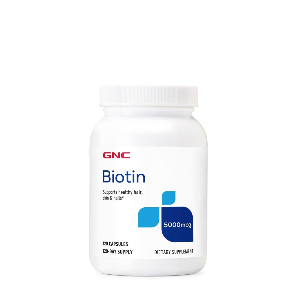 GNC Biotin 5000mcg suplement, Wspiera zdrowe włosy, skóry i paznokci, 120 Służenie