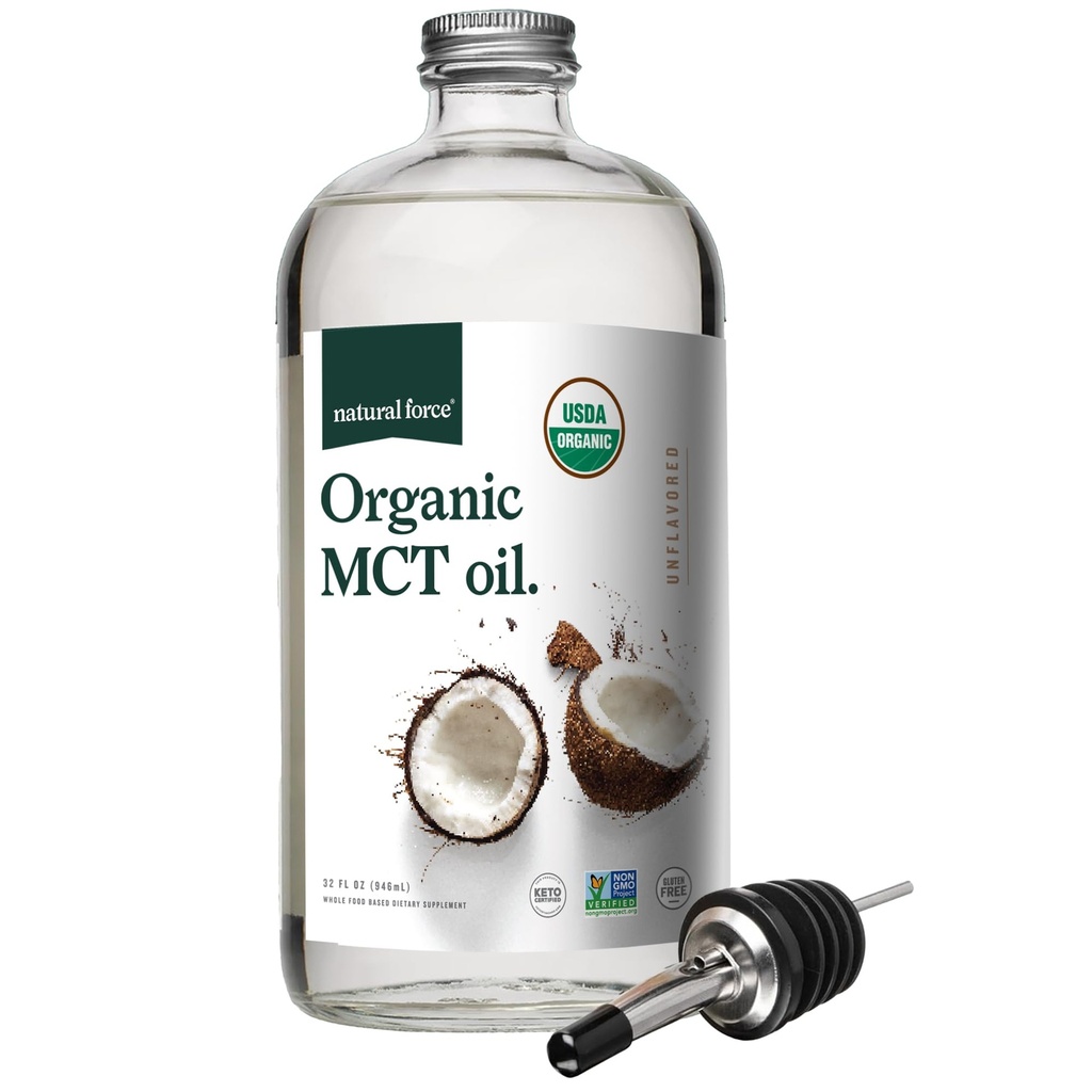 Natural Force Organic MCT Oil - Czysta butelka szklana - Wykonana z 100% oleju kokosowego prasowanego na zimno Virgin + Certified Keto, Paleo, Kosher, Vegan & Non-GMO - Lab Tested for Quality and Pure - 32 Ounce