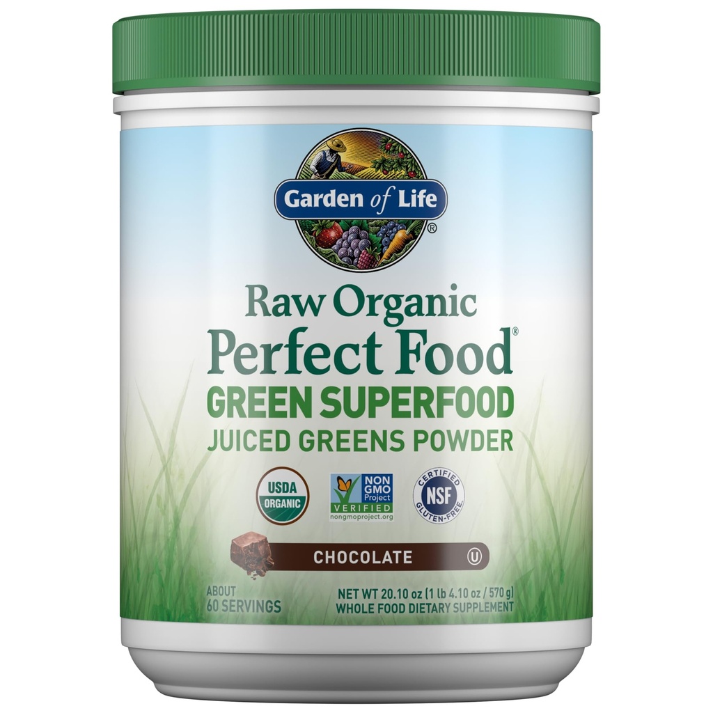 Ogród życia Surowiec Organic Perfect Food Zielone Superfood Zielone Zielone Zielone Proszek - Czekolada, 60 Słupki, Non-GMO, Gluten Free, Wegański cały suplement diety Plus Probiotyki, Enzymy