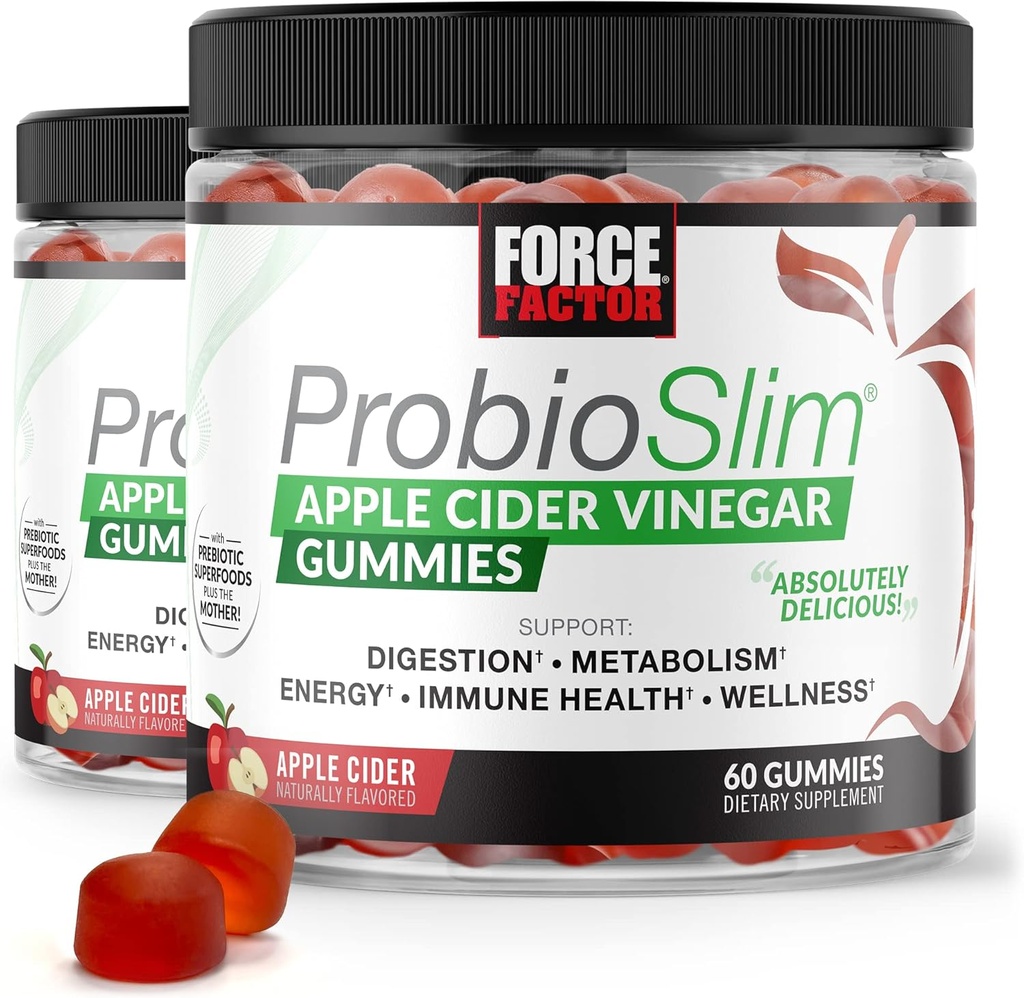 FORCE FACTOR ProbioSlim Jabłko Cydr Gummie, 2- Pack, z organicznym Jabłkowe Cydr Ocet i LactoSpore Probiotyki i Prebiotyki do wsparcia trawienia, Metabolizm, i immunologicznego zdrowia, 120 Gummies