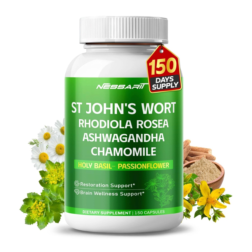 ST John 's wort 14- in-1 Natural Blend with Rhodiola Ashwagandha Rumianek Święty Basil L- Theanine Valerian Passionflower - 150 Count - Made & Tested in The USA