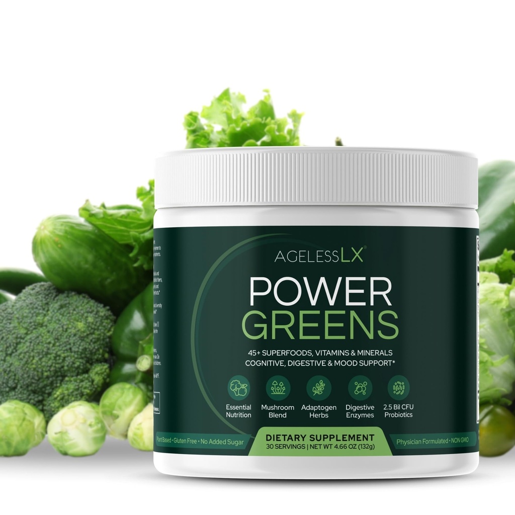 AgelessLX Power Greens, 42 Superfoods z Probiotyki, Enzymy i Fiber prebiotyczny dla Zwiększonej Energii, Immunitet & Zdrowie, 30 Służenia