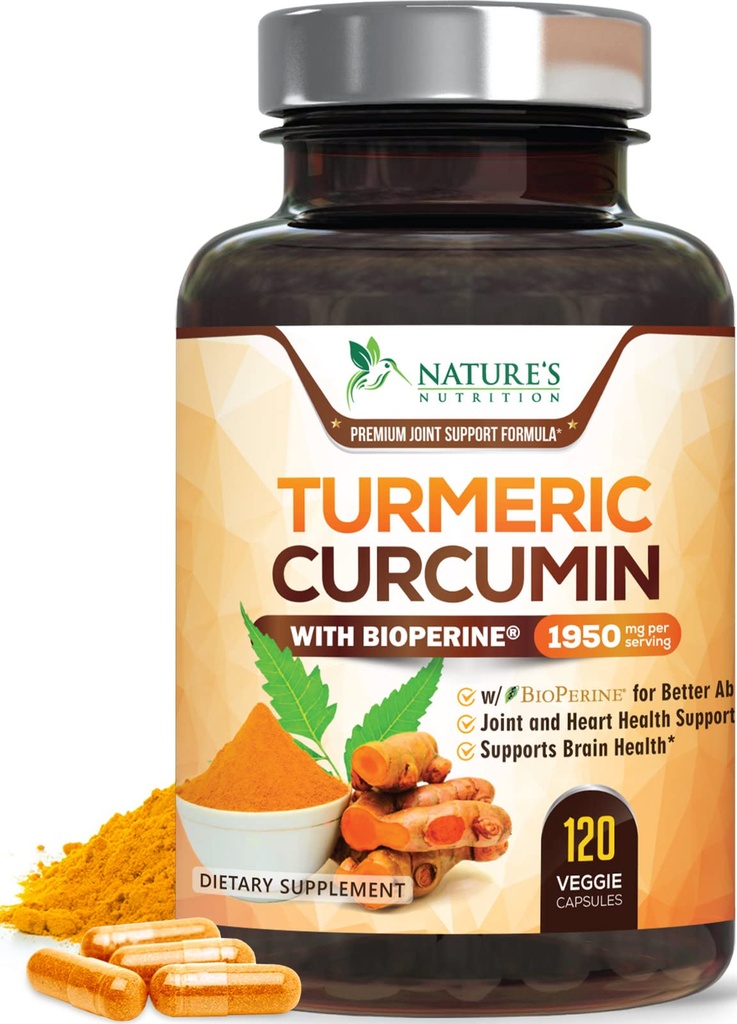 Kurkumina Kurkumina suplement 1950mg - 95% Kurkuminoidy z organicznym Turmeric & BioPerine Black Pepper Extract for Best Absorption, Natural 's Vegan Joint Support, Non-GMO, Butelkowane w USA - 120 Kapsułki